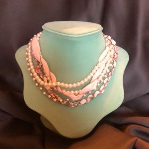 Chunky Multi Layered Necklace of Pearl, Gold Chain, with Pink &Grn. Fabrics